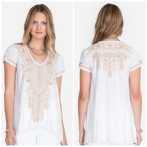 Johnny Was Kemi Knit Draped Top Aztec Embroidered White Cream Boho XL